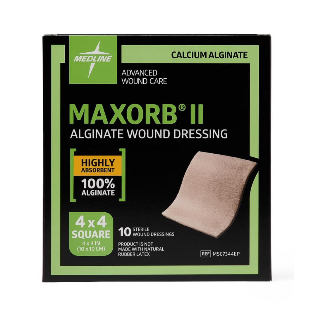 Box of Maxorb II Alginate Wound Dressings - Highly Absorbent, includes 10 sterile 4x4 inch squares made from 100% calcium alginate. Ideal for advanced wound care, they are latex-free and highly absorbent. Image shows a sample dressing.